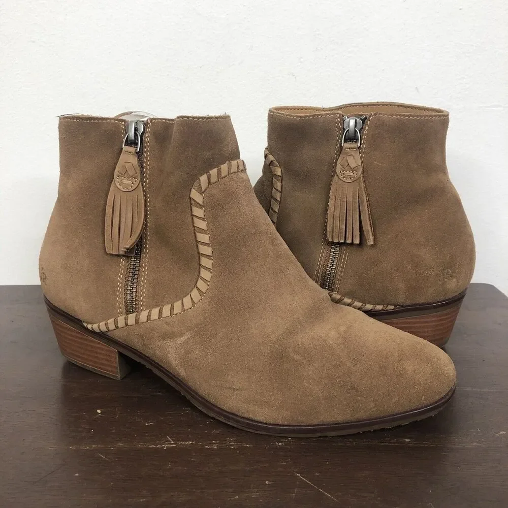 Jack Rogers Brown Suede Ankle Boots Tassel Side Zipper Women’s Size 9M